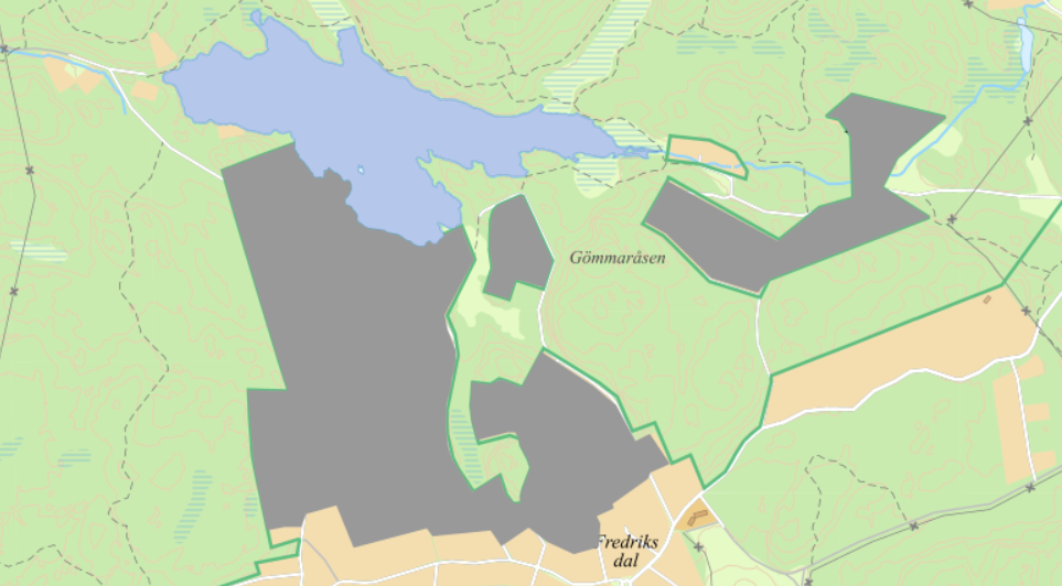 Karta över norra Glömsta. Planer finns för det gråa området.